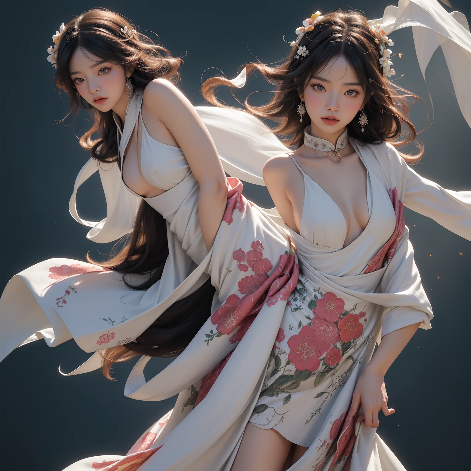 nsfw, zhongfenghua, 1girl, solo, hanfu, ancient_chinese_architecture, flower field, blossom, (white smoke:1.3) (photorealistic:1.4), zentangle, mandala, entangle, official art, unity 8k wallpaper, ultra detailed, beautiful and aesthetic, masterpiece,best quality, (dynamic angle:1.4), glowing skin, (floating colorful sparkles:1) the most beautiful form of chaos, elegant, a brutalist designed, vivid colours, romanticism depth of field exotic_dance, half_naked