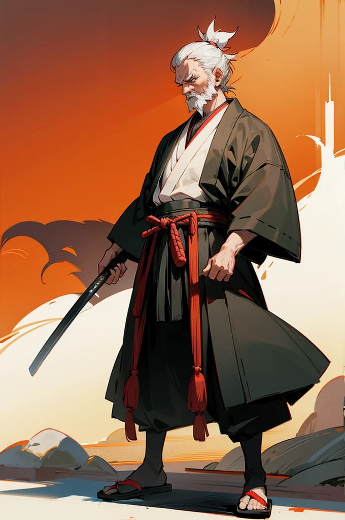 Old man , male, samurai Clothing, Standing pose, Town background, 
