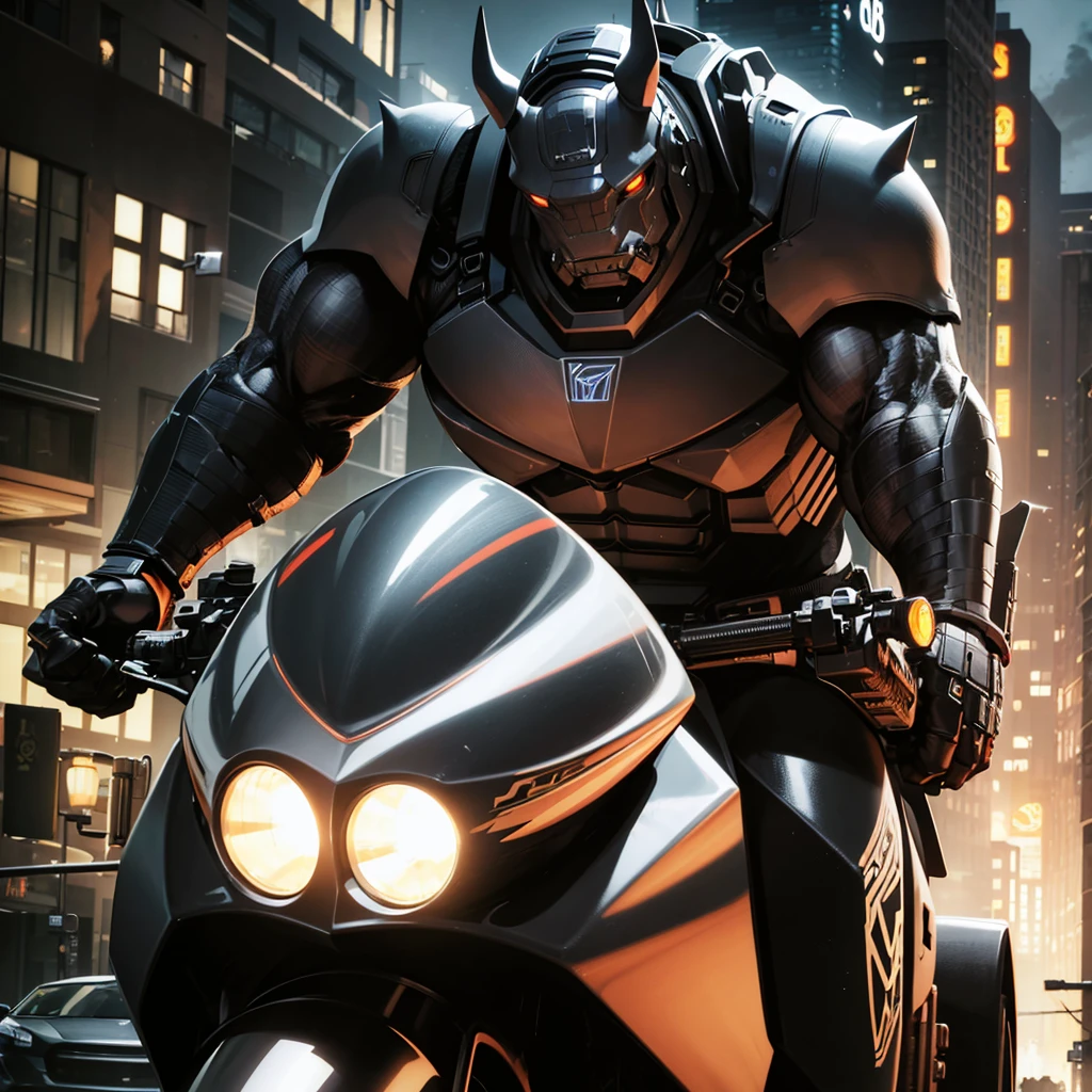 a massive, muscular gray rhino humanoid in a high-tech gray rhino suit, riding a huge, terrifying motorcycle with black chrome, machine gun mounts, and a large rhino horn over the headlight, in a downtown city setting, detailed cinematic lighting, highly detailed, 8k, photorealistic, masterpiece, dramatic action scene