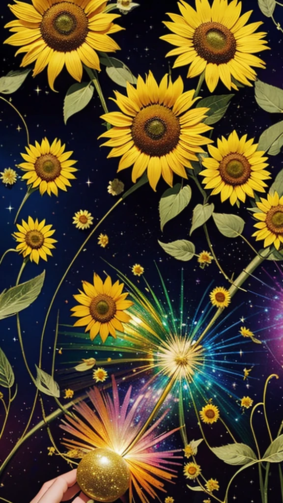 大きなfirework、sunflower畑、firework、firework大会、Rainbow colorsのfireworkが打ちあがっている瞬間、夜nullとともに、sunflower畑で壮大なfirework、Highest quality、masterpiece, (Diffuse reflection of light:1.2), When the fantastic rainbow turns into shadow, bathed in a mystical atmosphere.sunflowerたちも見ています、 sunflower,たくさんのsunflower、 Cast magic spells. evoke a sense of wonder and awe. A fusion of natural grandeur and magic, Weaving dreams into reality. Behold, null, And the unknown, Fleeting、And an eternal moment, 16K, Ultra-high resolution.Realistic, Ultra-high resolution, to be born,future、Rainbow colorsに光り輝く、Rainbow colors、The world 30 years from now。