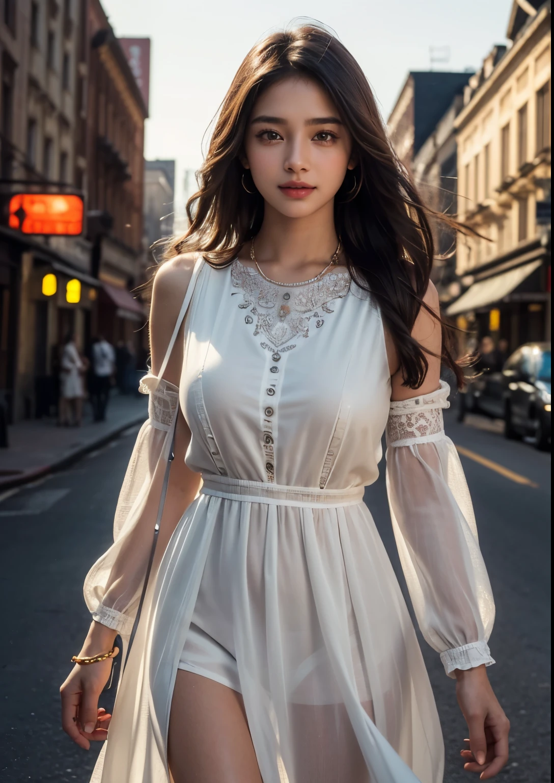A woman in a white dress walking down a street - SeaArt AI