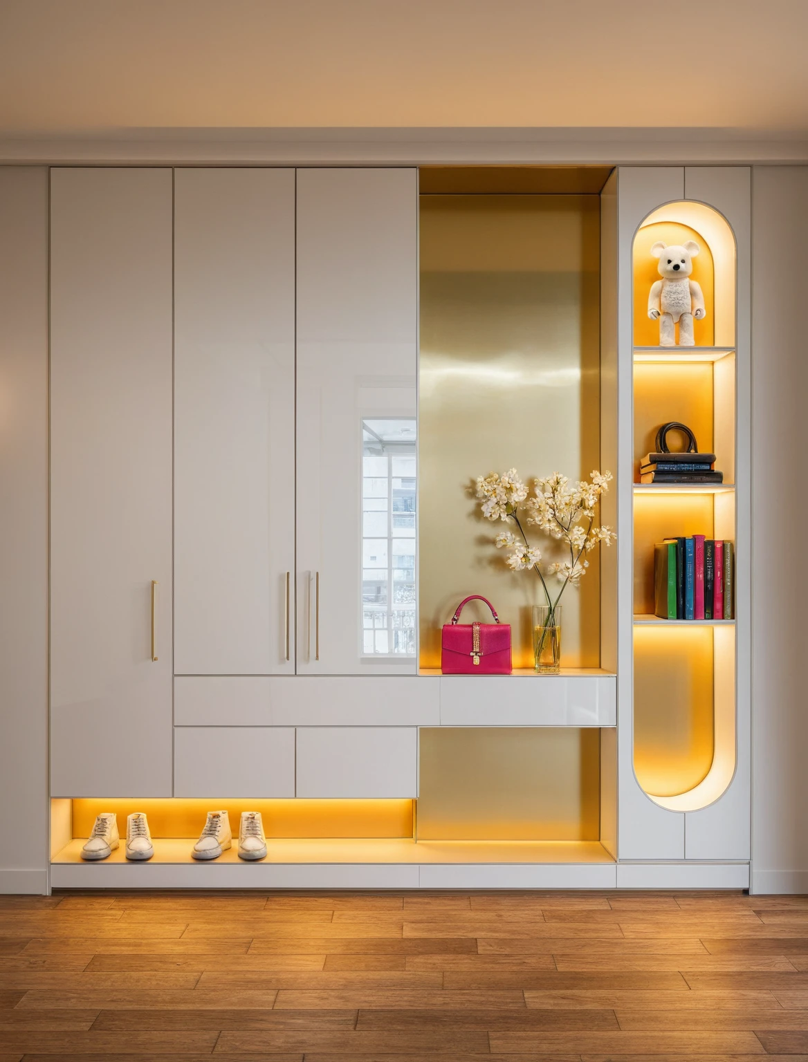 Raw photo,Masterpiece, high quality, best quality, authentic, super detail, interior, shoes Cabinet style modern luxury, decorative cabinets, flower vases, decorations, books, wooden floor, handbags, shoes, bearbrick, ((mirror)), (daylight:1.1), vivid colour, (realistic:1.2), 