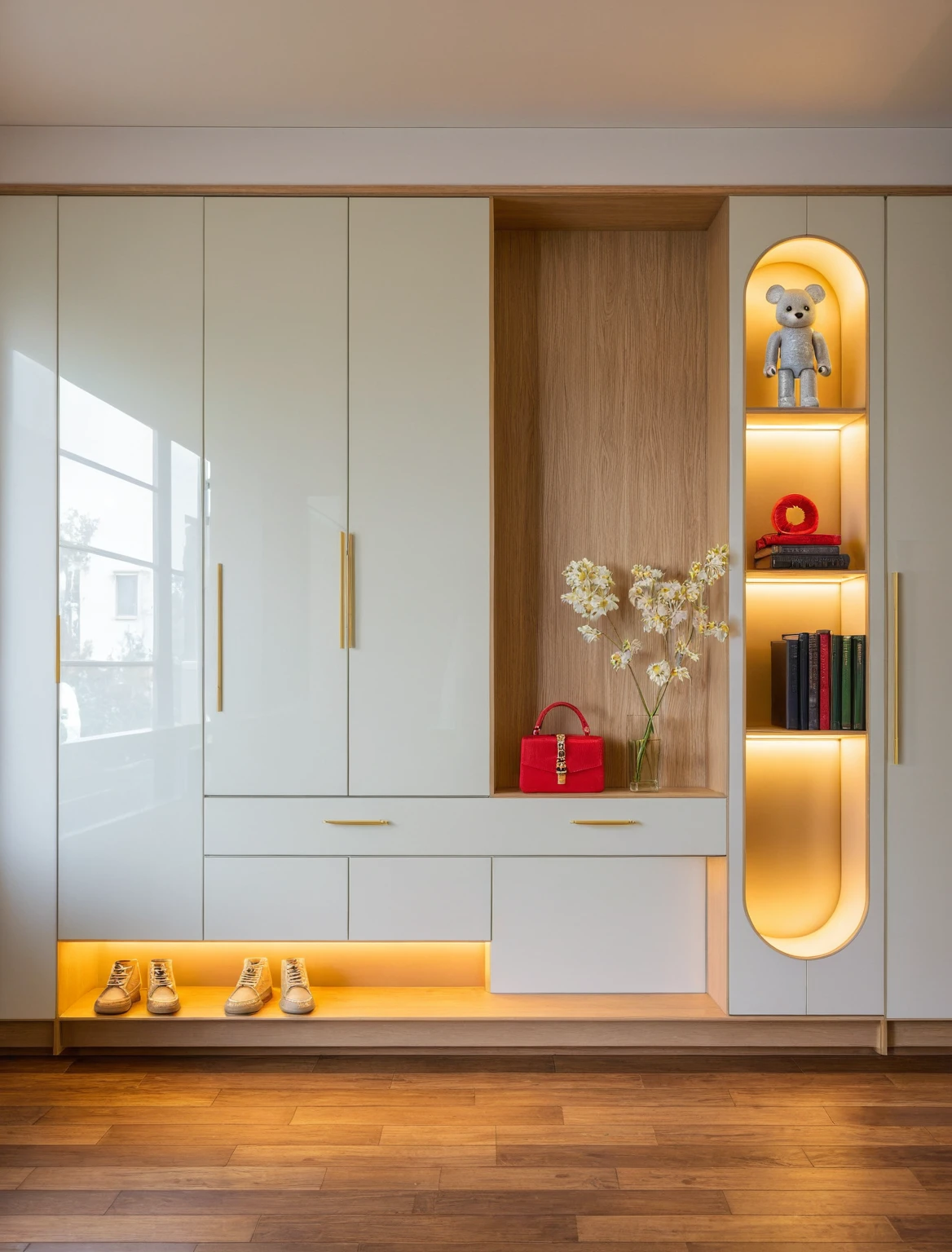 Raw photo,Masterpiece, high quality, best quality, authentic, super detail, interior, shoes Cabinet style modern luxury, decorative cabinets, flower vases, decorations, books, wooden floor, handbags, shoes, bearbrick, ((mirror)), (daylight:1.1), vivid colour, (realistic:1.2),