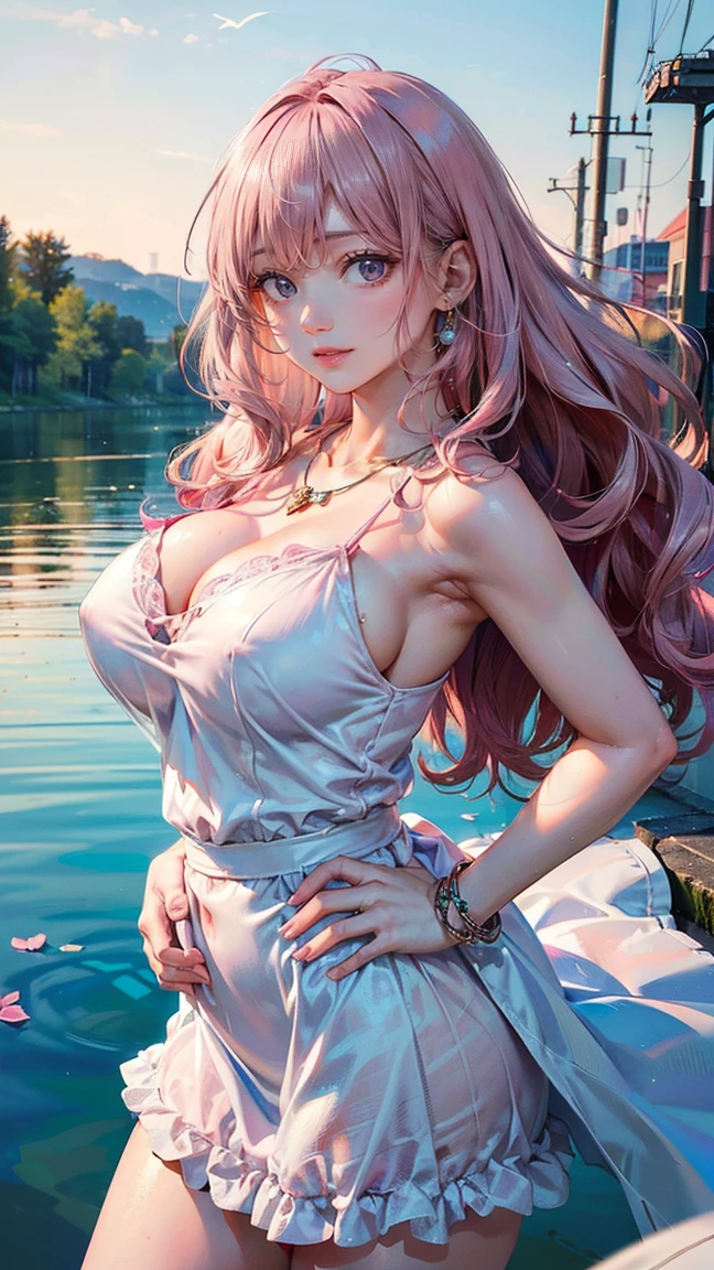 (Masterpiece, BestQuality:1.3), (ultra detailed:1.2), (hyperrealistic:1.3), (RAW photo:1.2), High detail RAW color photo, professional photograph, (Photorealistic:1.4), (realistic:1.4), (Pink Hair:1.5), professional lighting, perfect anatomy, (Big Breasts:1.2), (blush, detailed face), (cheerful Smile:1.5), Trending Hair&Trending Hairカラーをランダムに, earrings, necklace, bracelet, sexly, erotic sexly, Random sexy gravure poses, (A woman in a white summer dress by the lake、Standing with her hair blowing in the wind。With long wavy hairstyle、One hand on hip。:1.3)