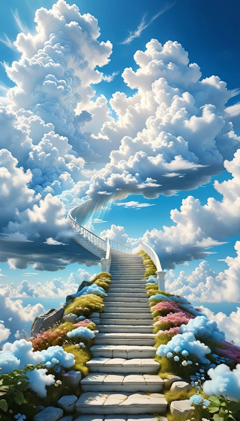 a beautiful ethereal landscape, a white cloud staircase leading up into a serene blue sky, fluffy soft white clouds, dreamlike, whimsical, (best quality,4k,8k,highres,masterpiece:1.2),ultra-detailed,(realistic,photorealistic,photo-realistic:1.37),landscape,fantasy,dramatic lighting,vibrant colors,serene,peaceful,calming,ethereal atmosphere