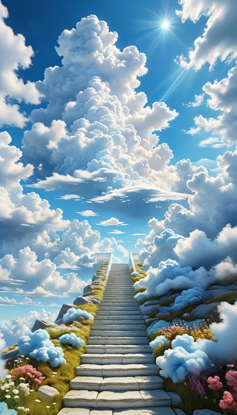 a beautiful ethereal landscape, a white cloud staircase leading up into a serene blue sky, fluffy soft white clouds, dreamlike, whimsical, (best quality,4k,8k,highres,masterpiece:1.2),ultra-detailed,(realistic,photorealistic,photo-realistic:1.37),landscape,fantasy,dramatic lighting,vibrant colors,serene,peaceful,calming,ethereal atmosphere