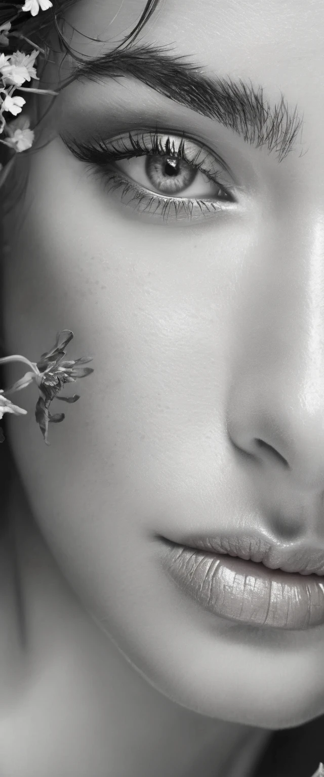 Create an image featuring a close-up of a beautiful woman face in grayscale, with one eye visible showing clear details like eyelashes and reflections. The cheek and lips should also be prominent, with the lips slightly parted. Integrate vibrant orange flowers and green foliage seamlessly into the face, as if they are growing from it or merging with it, creating a contrast between the monochrome features of the face and the vivid colors of the flora. Add some freckles across the nose and cheek to enhance the detail. Ensure one tear is visible under the eye, adding a touch of red to signify emotion.