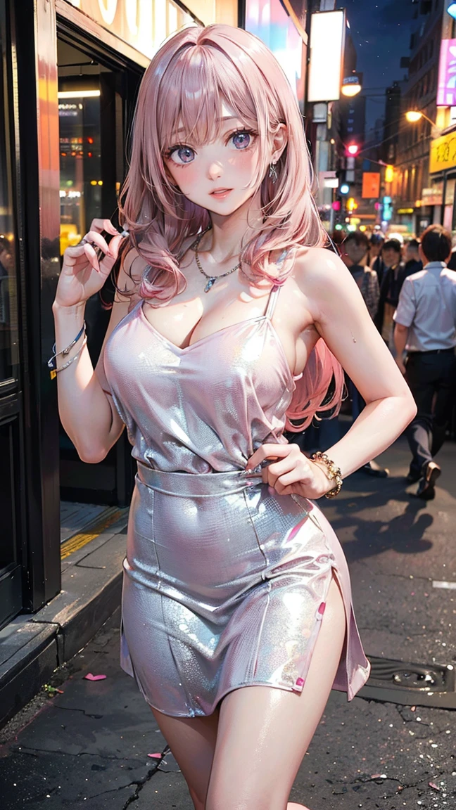 (Masterpiece, BestQuality:1.3), (ultra detailed:1.2), (hyperrealistic:1.3), (RAW photo:1.2), High detail RAW color photo, professional photograph, (Photorealistic:1.4), (realistic:1.4), (Pink Hair:1.5), professional lighting, perfect anatomy, (Big Breasts:1.2), (blush, detailed face), (cheerful Smile:1.5), Trending Hair&Trending Hairカラーをランダムに, earrings, necklace, bracelet, sexly, erotic sexly, Random sexy gravure poses, (A woman in a silver dress in the city at night、Staring sexy into the camera。with long straight hair、Standing with one leg crossed。:1.3)