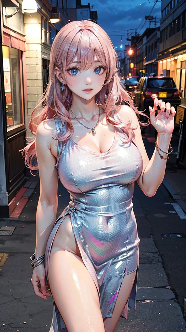 (Masterpiece, BestQuality:1.3), (ultra detailed:1.2), (hyperrealistic:1.3), (RAW photo:1.2), High detail RAW color photo, professional photograph, (Photorealistic:1.4), (realistic:1.4), (Pink Hair:1.5), professional lighting, perfect anatomy, (Big Breasts:1.2), (blush, detailed face), (cheerful Smile:1.5), Trending Hair&Trending Hairカラーをランダムに, earrings, necklace, bracelet, sexly, erotic sexly, Random sexy gravure poses, (A woman in a silver dress in the city at night、Staring sexy into the camera。with long straight hair、Standing with one leg crossed。:1.3)
