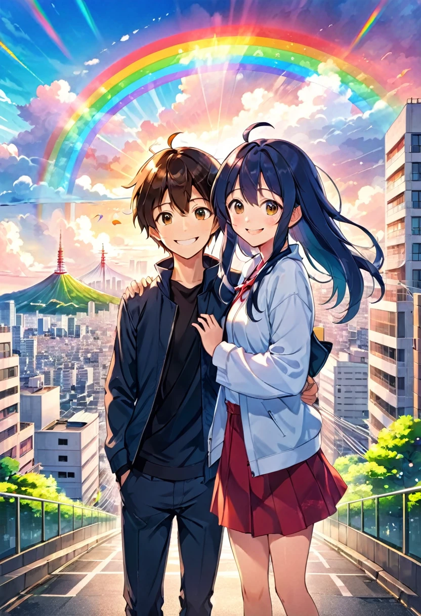 Japanese anime style, smiling, happy, boy and girl, two people, rainbow on city background, looking at you