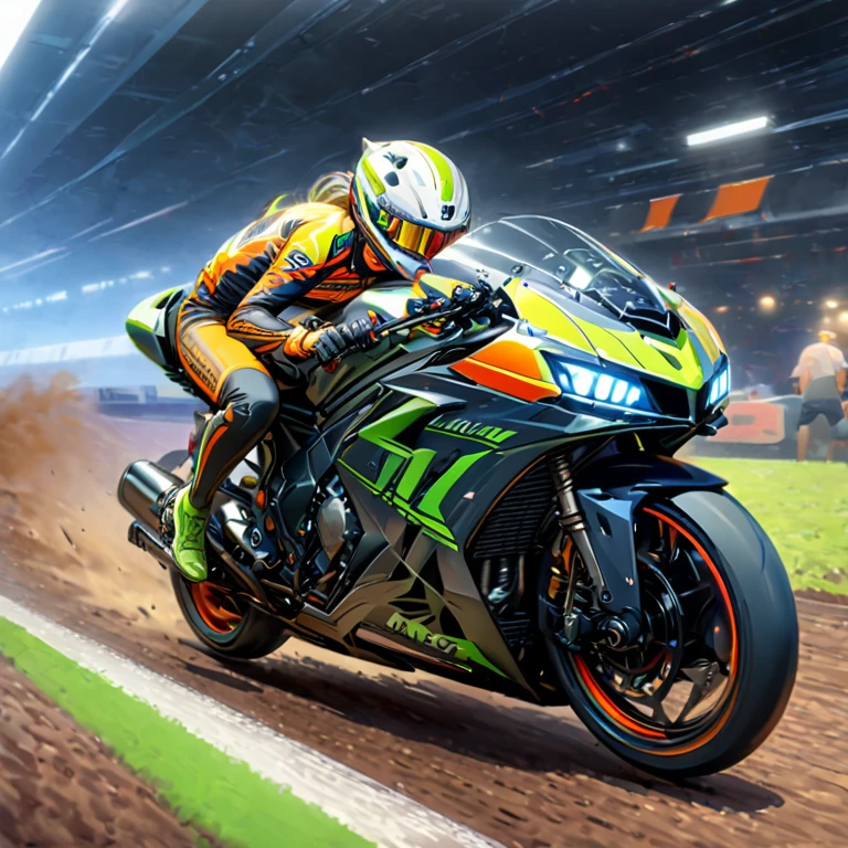 (best quality,8k,highres, masterpiece:1.2), ultra-detailed, HDR, UHD, studio lighting, ultra-fine painting, sharp focus, physically-based rendering, extreme detail description, professional, vivid colors, bokeh, portraits, concept artists, warm color palette, dramatic lighting,Circuit track, running bike, racer riding motorcycle, concentration line, auto racing,Intense exhaust fumes,Exhaust fumes behind the bike