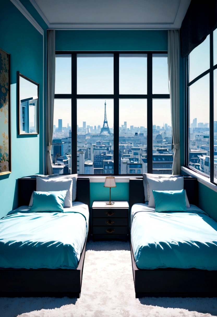 On the sofa in a room with a window Beautiful interior Sense of luxury tiffany blue wallpaper Bedside lamp A ager's room in Paris Skyscrapers from the window