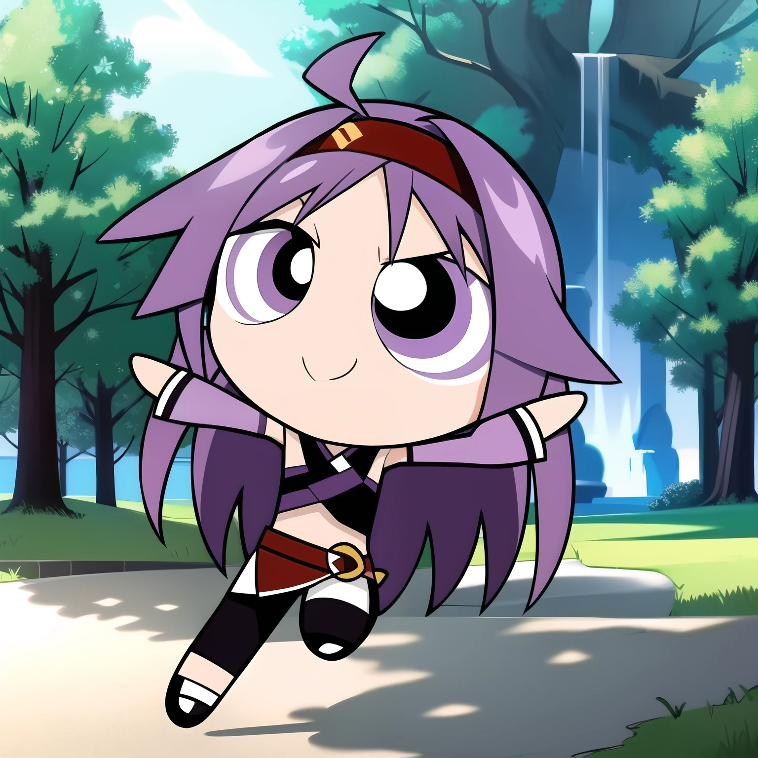 konno yuuki, cute smile, full body, 1boy , chibi, purple hair, purple eyes, big tree background,