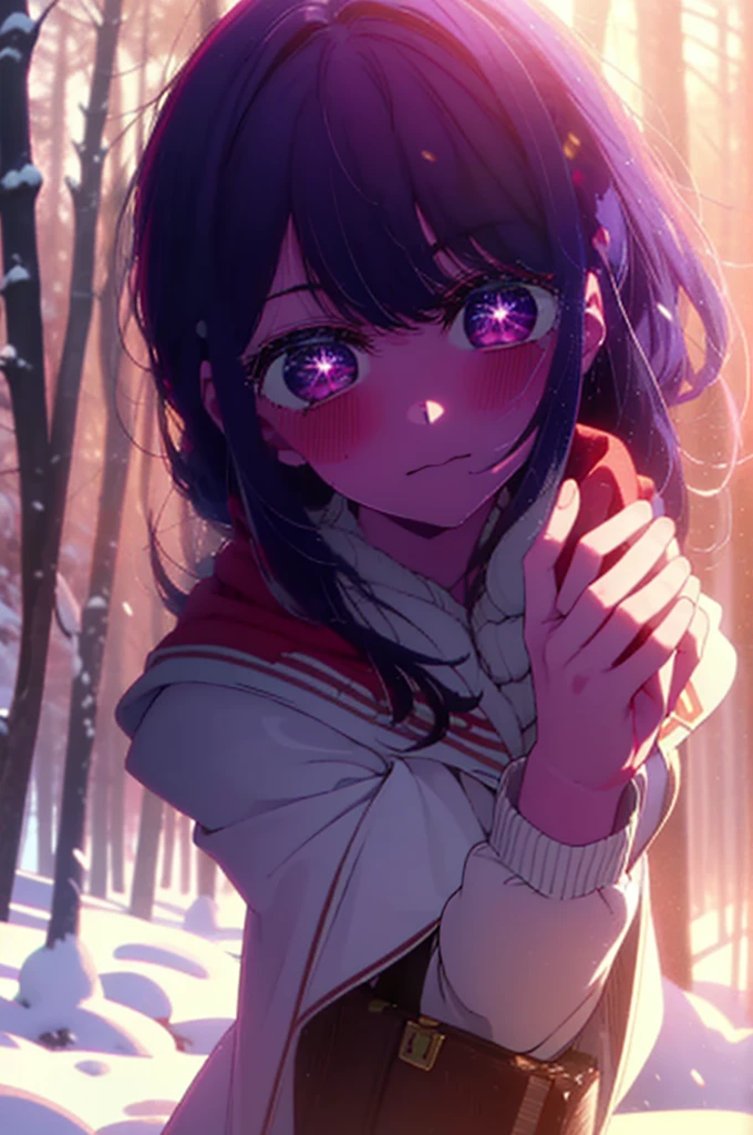 aihoshino, Ai Hoshino, Long Hair, bangs, (Purple eyes:1.1), Purple Hair, (Symbol-shaped pupil:1.5), smile,,smile,blush,White Breath,
Open your mouth,snow,Ground bonfire, Outdoor, boots, snowing, From the side, wood, suitcase, Cape, Blurred, , forest, White handbag, nature, Squat, Mouth closed, Cape, winter, Written boundary depth, Black shoes, red Cape break looking at viewer, Upper Body, whole body, break Outdoor, forest, nature, break (masterpiece:1.2), Highest quality, High resolution, unity 8k wallpaper, (shape:0.8), (Beautiful and beautiful eyes:1.6), Highly detailed face, Perfect lighting, Extremely detailed CG, (Perfect hands, Perfect Anatomy),