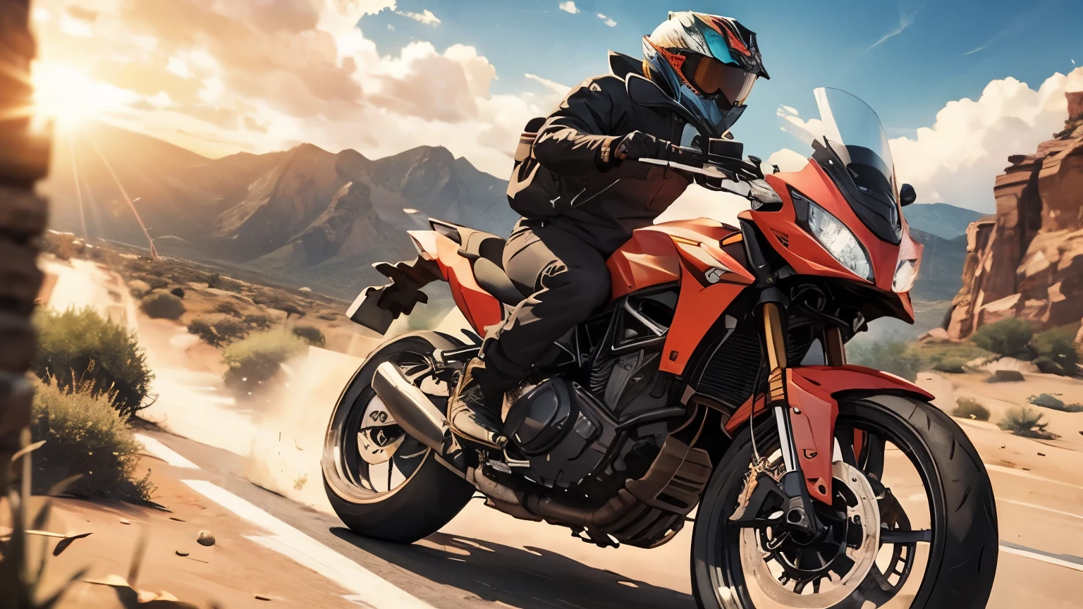 (motorcycle), Glasses, beard, wilderness, desert, Red Rock, Light of the sun, Distant horizon, Solo Rider, Off-road, Dusty, Powerful engine sound, Outdoor, Horizon, escape, challenge, Motorcycle Track, Infinite Road