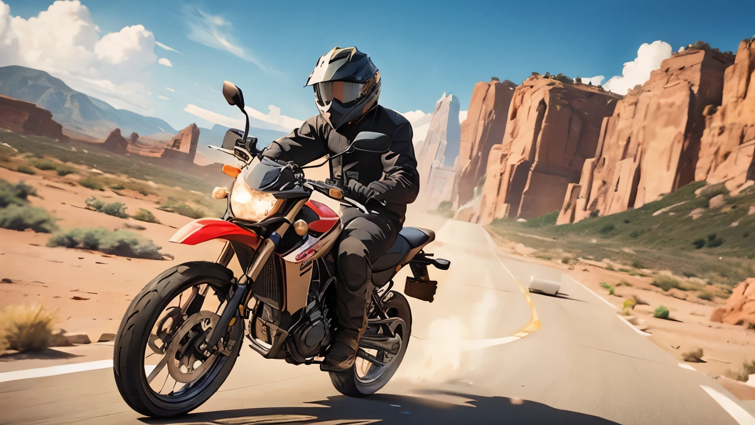 (motorcycle), Glasses, beard, wilderness, desert, Red Rock, Light of the sun, Distant horizon, Solo Rider, Off-road, Dusty, Powerful engine sound, Outdoor, Horizon, escape, challenge, Motorcycle Track, Infinite Road