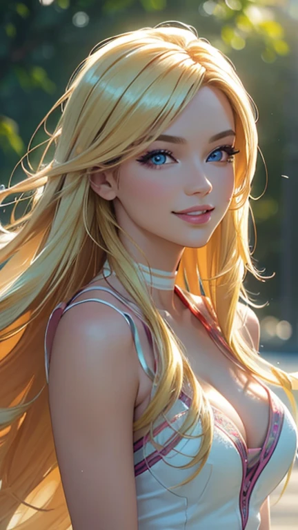 (best quality,ultra-detailed,photo-realistic:1.37),bright and vibrant colors,studio lighting,playful expression,stylish makeup,long blonde hair flowing in the wind,alluring eyes,glossy lips,sexy pose, Tennis, smiling in a confident and seductive way,posing for a professional photoshoot,shallow depth of field,highlighting the main subject,soft natural lighting,creating a dreamy and magical atmosphere.