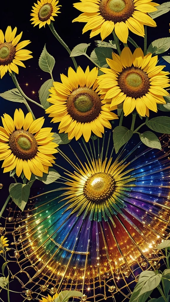 sunflower畑、firework、firework大会、Rainbow colorsのfireworkが打ちあがっている瞬間、夜nullとともに、sunflower畑で壮大なfirework、Highest quality、masterpiece, (Diffuse reflection of light:1.2), When the fantastic rainbow turns into shadow, bathed in a mystical atmosphere.sunflowerたちも見ています、 sunflower,たくさんのsunflower、 Cast magic spells. evoke a sense of wonder and awe. A fusion of natural grandeur and magic, Weaving dreams into reality. Behold, null, And the unknown, Fleeting、And an eternal moment, 16K, Ultra-high resolution.Realistic, Ultra-high resolution, to be born,future、Rainbow colorsに光り輝く、Rainbow colors、The world 30 years from now。
