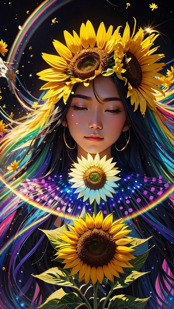 sunflower畑、firework、firework大会、Rainbow colorsのfireworkが打ちあがっている瞬間、夜nullとともに、sunflower畑で壮大なfirework、Highest quality、masterpiece, (Diffuse reflection of light:1.2), When the fantastic rainbow turns into shadow, bathed in a mystical atmosphere.sunflowerたちも見ています、 sunflower,たくさんのsunflower、 Cast magic spells. evoke a sense of wonder and awe. A fusion of natural grandeur and magic, Weaving dreams into reality. Behold, null, And the unknown, Fleeting、And an eternal moment, 16K, Ultra-high resolution.Realistic, Ultra-high resolution, to be born,future、Rainbow colorsに光り輝く、Rainbow colors、The world 30 years from now。