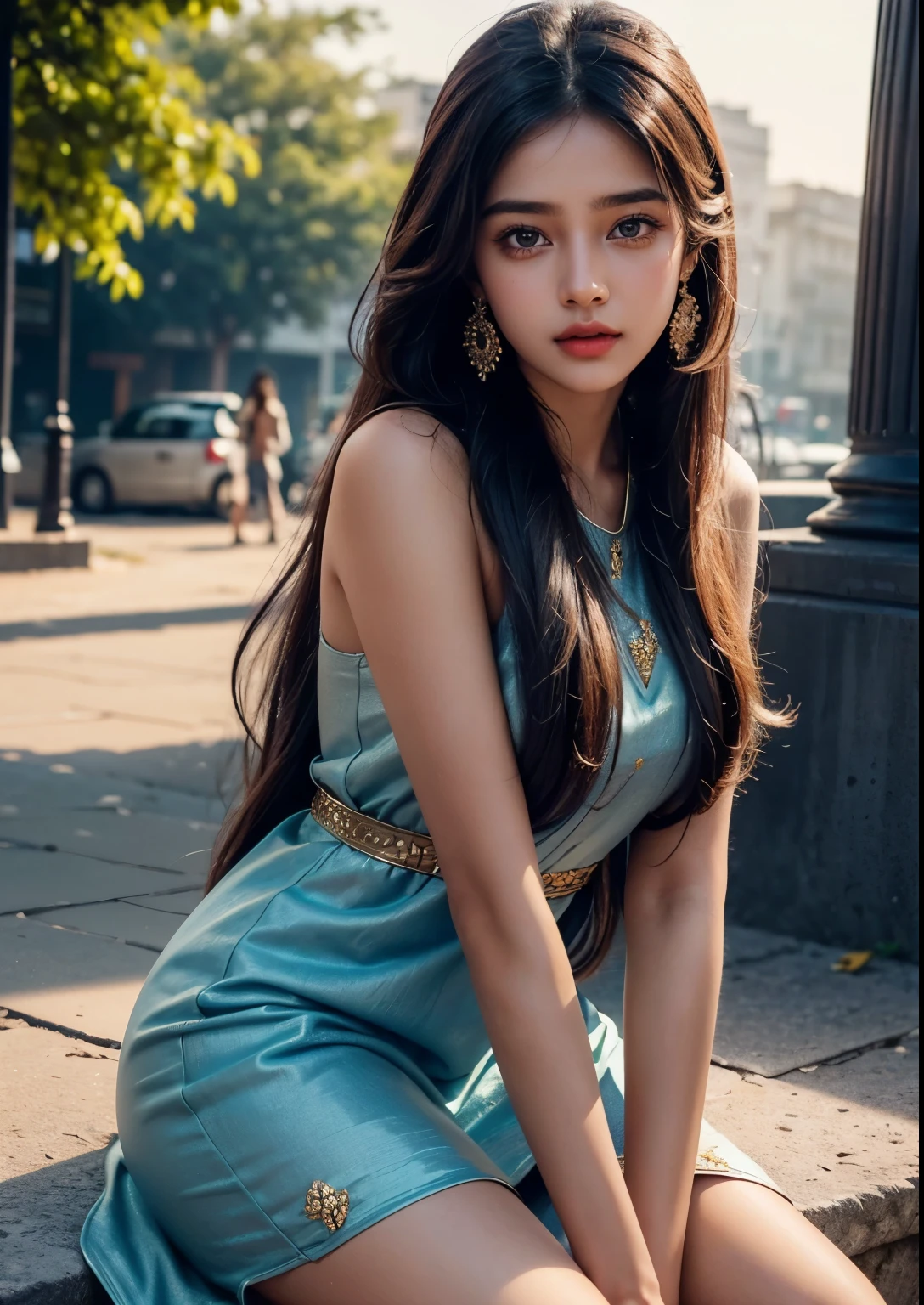a beautiful indian young girl, detailed face with beautiful eyes and lips, long hair, street fashion style, above knee length dress, photorealistic, masterpiece, 8k, ultra detailed, highly detailed, realistic, cinematic lighting, vibrant colors, warm tones