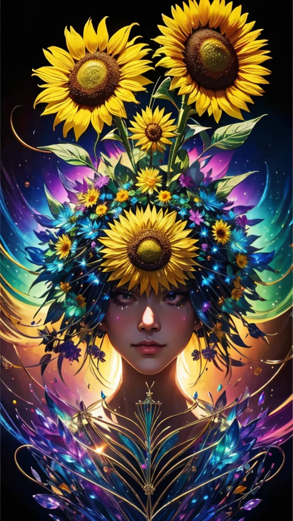 sunflower畑、firework、firework大会、Rainbow colorsのfireworkが打ちあがっている瞬間、夜nullとともに、sunflower畑で壮大なfirework、Highest quality、masterpiece, (Diffuse reflection of light:1.2), When the fantastic rainbow turns into shadow, bathed in a mystical atmosphere.sunflowerたちも見ています、 sunflower,たくさんのsunflower、 Cast magic spells. evoke a sense of wonder and awe. A fusion of natural grandeur and magic, Weaving dreams into reality. Behold, null, And the unknown, Fleeting、And an eternal moment, 16K, Ultra-high resolution.Realistic, Ultra-high resolution, to be born,future、Rainbow colorsに光り輝く、Rainbow colors、The world 30 years from now。