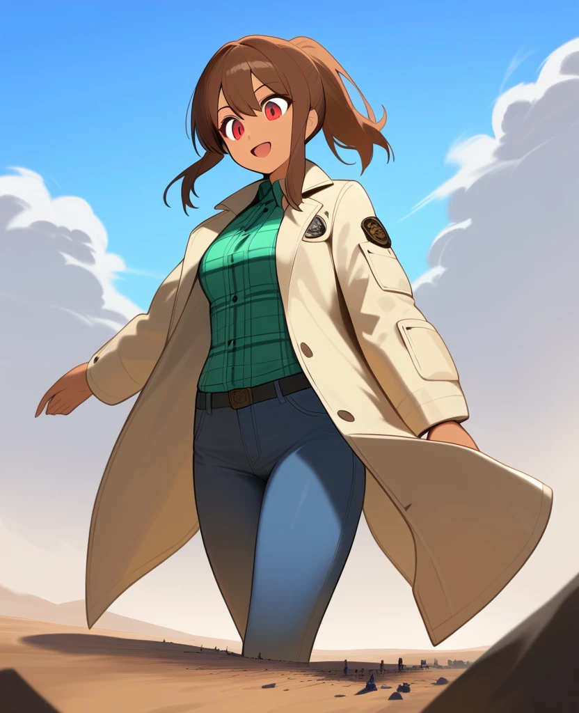 1girl,solo,red eyes,((brown hair:1.5)),ponytail,((light green skin)), very tall, tattered coat, tan coat, jeans, flannel shirt,cowboy shot,on mars, blue and grey saturn in sky,Science fiction,ultra-detailed,sharp focus,aesthetic,(best quality) smiling, giantess, 
