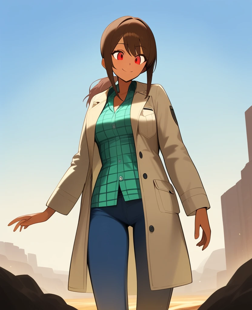 1girl,solo,red eyes,((brown hair:1.5)),ponytail,((light green skin)), very tall, tattered coat, tan coat, jeans, flannel shirt,cowboy shot,on mars, blue and grey saturn in sky,Science fiction,ultra-detailed,sharp focus,aesthetic,(best quality) smiling, giantess, 