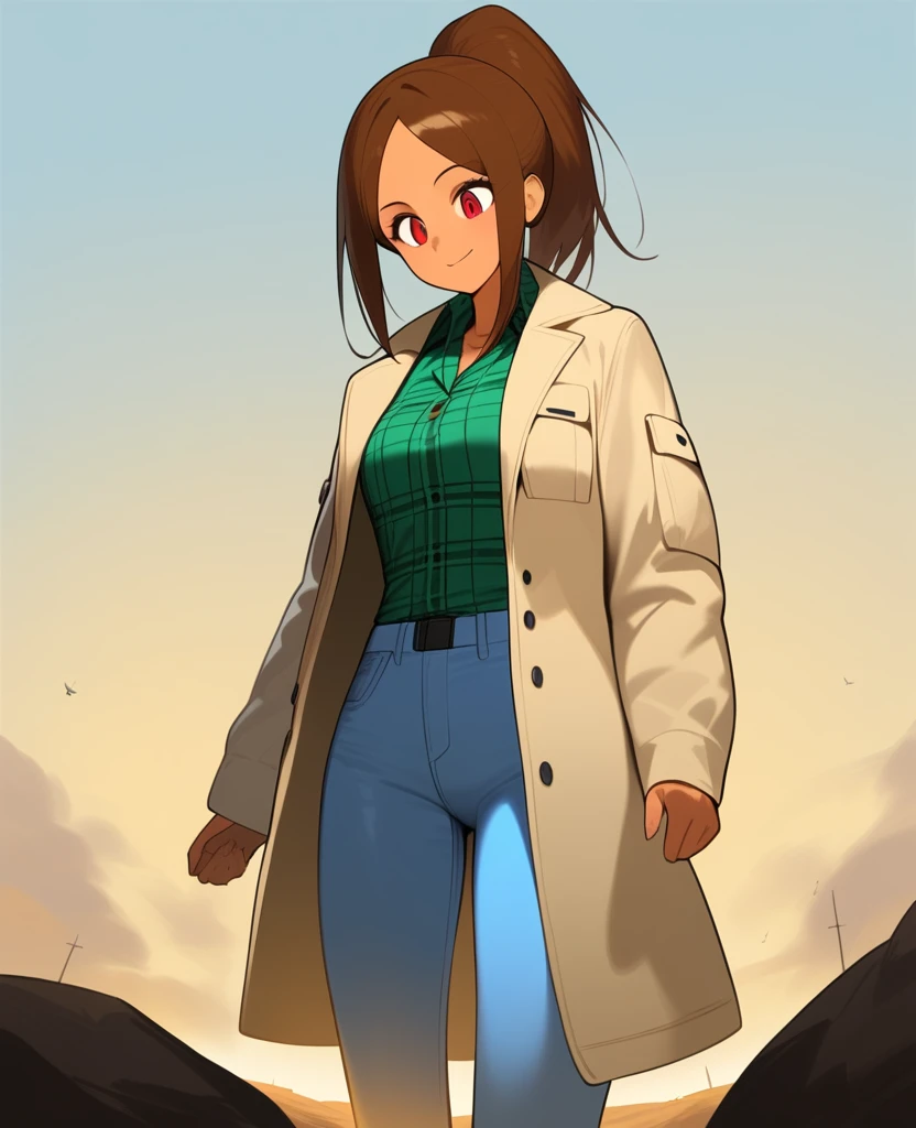 1girl,solo,red eyes,((brown hair:1.5)),ponytail,((light green skin)), very tall, tattered coat, tan coat, jeans, flannel shirt,cowboy shot,on mars, blue and grey saturn in sky,Science fiction,ultra-detailed,sharp focus,aesthetic,(best quality) smiling, giantess,