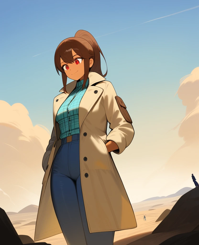 1girl,solo,red eyes,((brown hair:1.5)),ponytail,((light green skin)), very tall, tattered coat, tan coat, jeans, flannel shirt,cowboy shot,on mars, blue and grey saturn in sky,Science fiction,ultra-detailed,sharp focus,aesthetic,(best quality) smiling, giantess,