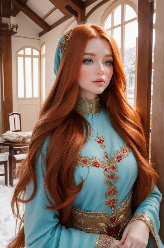 A gorgeous, pretty, shiny, kind-hearted, warm-hearted, sweet, polite, sensitive, friendly, charming, graceful, stylish, classy, alluring, majestic, ethereal ginger long haired russian woman dressed in traditional winter costumes.