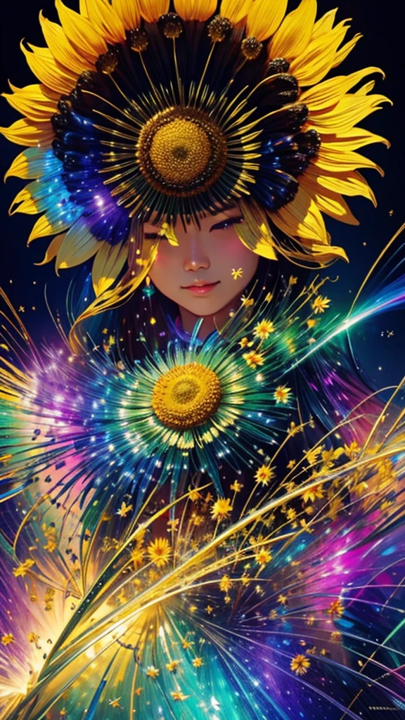 sunflower畑、firework、firework大会、Rainbow colorsのfireworkが打ちあがっている瞬間、夜nullとともに、sunflower畑で壮大なfirework、Highest quality、masterpiece, (Diffuse reflection of light:1.2), When the fantastic rainbow turns into shadow, bathed in a mystical atmosphere.sunflowerたちも見ています、 sunflower,たくさんのsunflower、 Cast magic spells. evoke a sense of wonder and awe. A fusion of natural grandeur and magic, Weaving dreams into reality. Behold, null, And the unknown, Fleeting、And an eternal moment, 16K, Ultra-high resolution.Realistic, Ultra-high resolution, to be born,future、Rainbow colorsに光り輝く、Rainbow colors、The world 30 years from now。