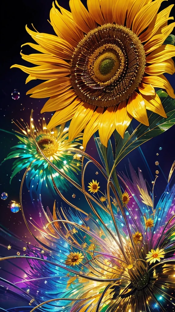 sunflower畑、firework、firework大会、Rainbow colorsのfireworkが打ちあがっている瞬間、夜nullとともに、sunflower畑で壮大なfirework、Highest quality、masterpiece, (Diffuse reflection of light:1.2), When the fantastic rainbow turns into shadow, bathed in a mystical atmosphere.sunflowerたちも見ています、 sunflower,たくさんのsunflower、 Cast magic spells. evoke a sense of wonder and awe. A fusion of natural grandeur and magic, Weaving dreams into reality. Behold, null, And the unknown, Fleeting、And an eternal moment, 16K, Ultra-high resolution.Realistic, Ultra-high resolution, to be born,future、Rainbow colorsに光り輝く、Rainbow colors、The world 30 years from now。