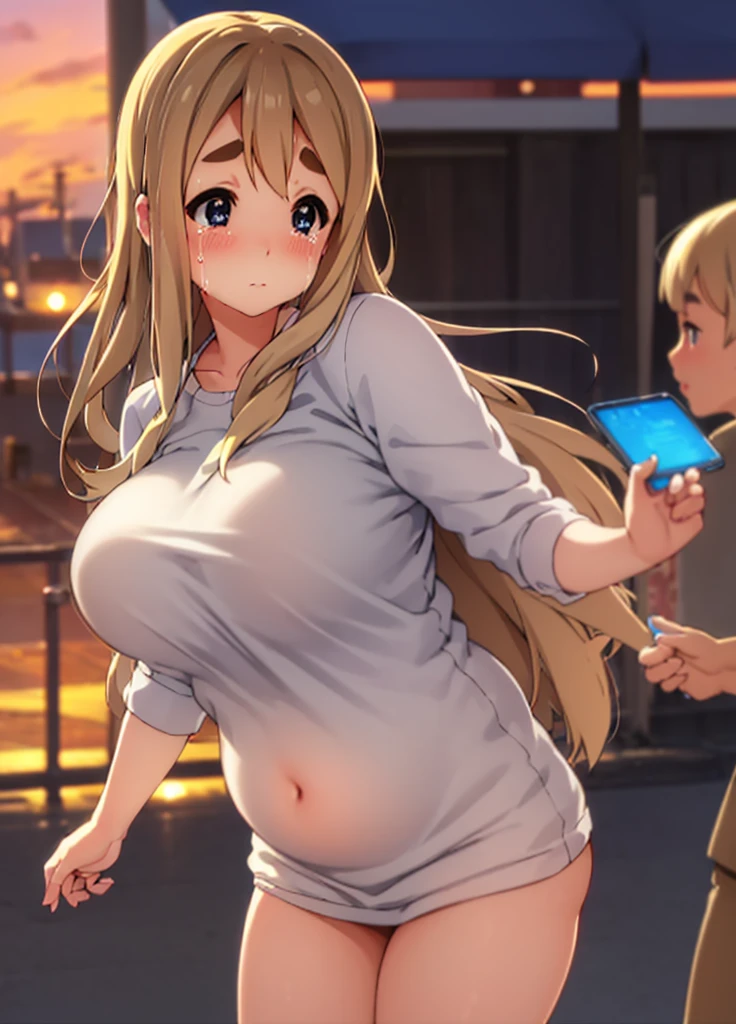 (masterpiece, best quality:1.2),illustration,high quality, ultra-detailed, ray tracing,perfect lighting, , 1girl, beautiful skin, beautiful girl,good hands,sharp focus,,,dynamic angle,[:(detailed face:1.2):0.2], (tsumugi kotobuki, long hair, blue eyes, blonde hair, thick eyebrows, , Erect nipples, huge breasts, , Bloated belly, obesity, Are fat, Sad expression, tears), beach, sunset, running, bouncing breasts, bouncing stomach, shake hands from behind