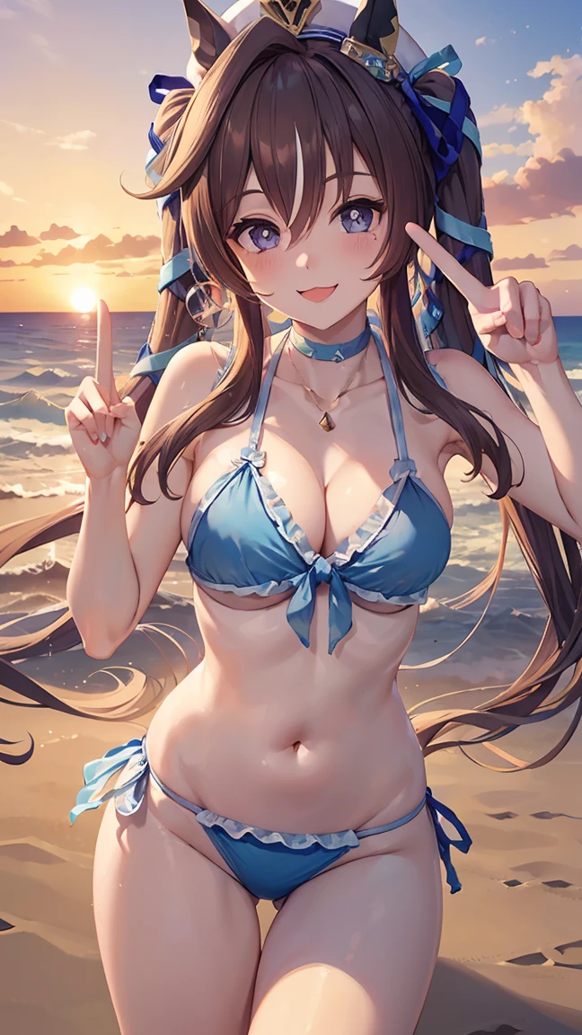 masterpiece, Highest quality, High resolution, Very detailed,(((Viblos in a bikini))), (((peace sign))), (((smile))), Beach, sunset