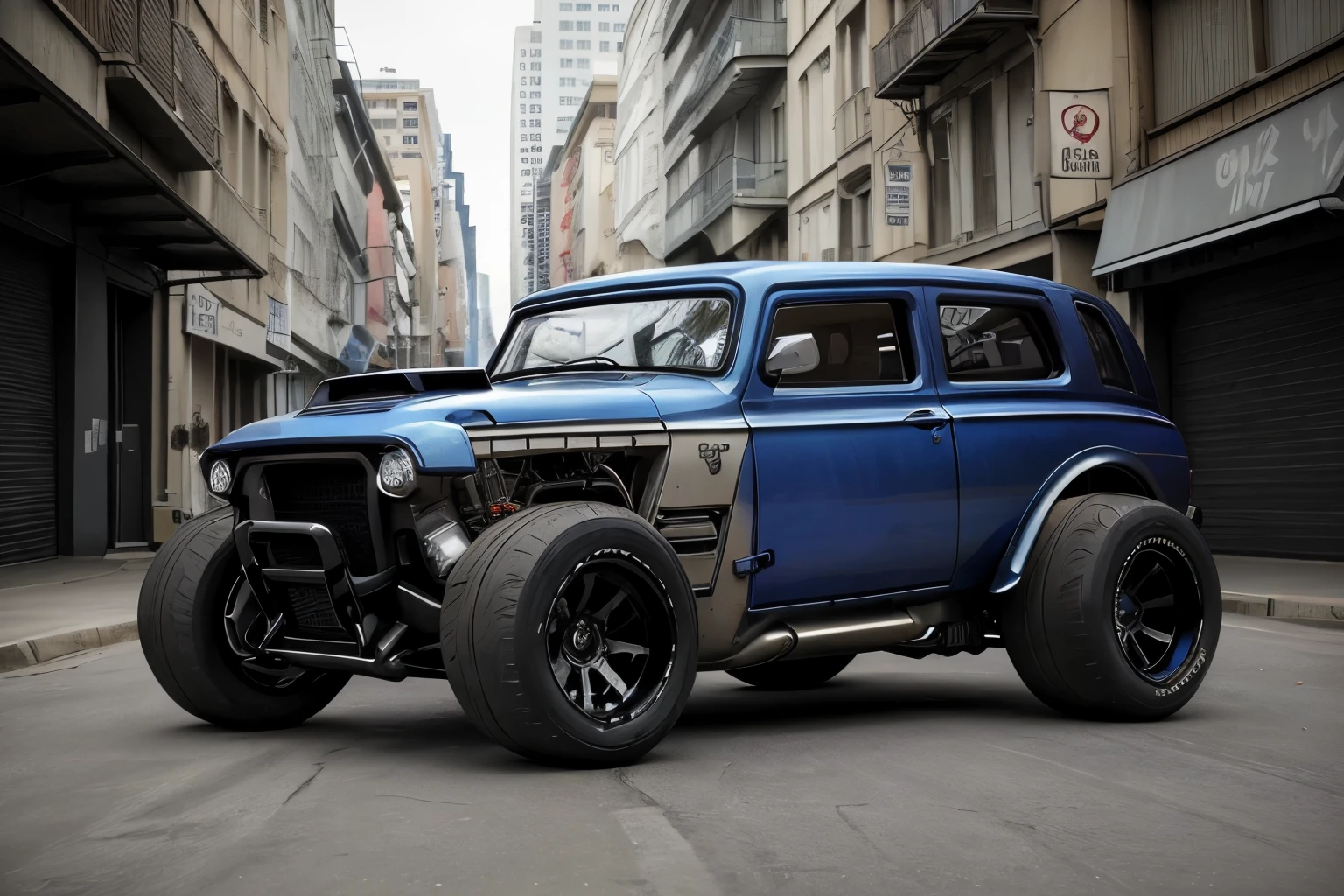 cyber punk(((Hot Rod SUV)))、Widebody、Wide tires、parking、