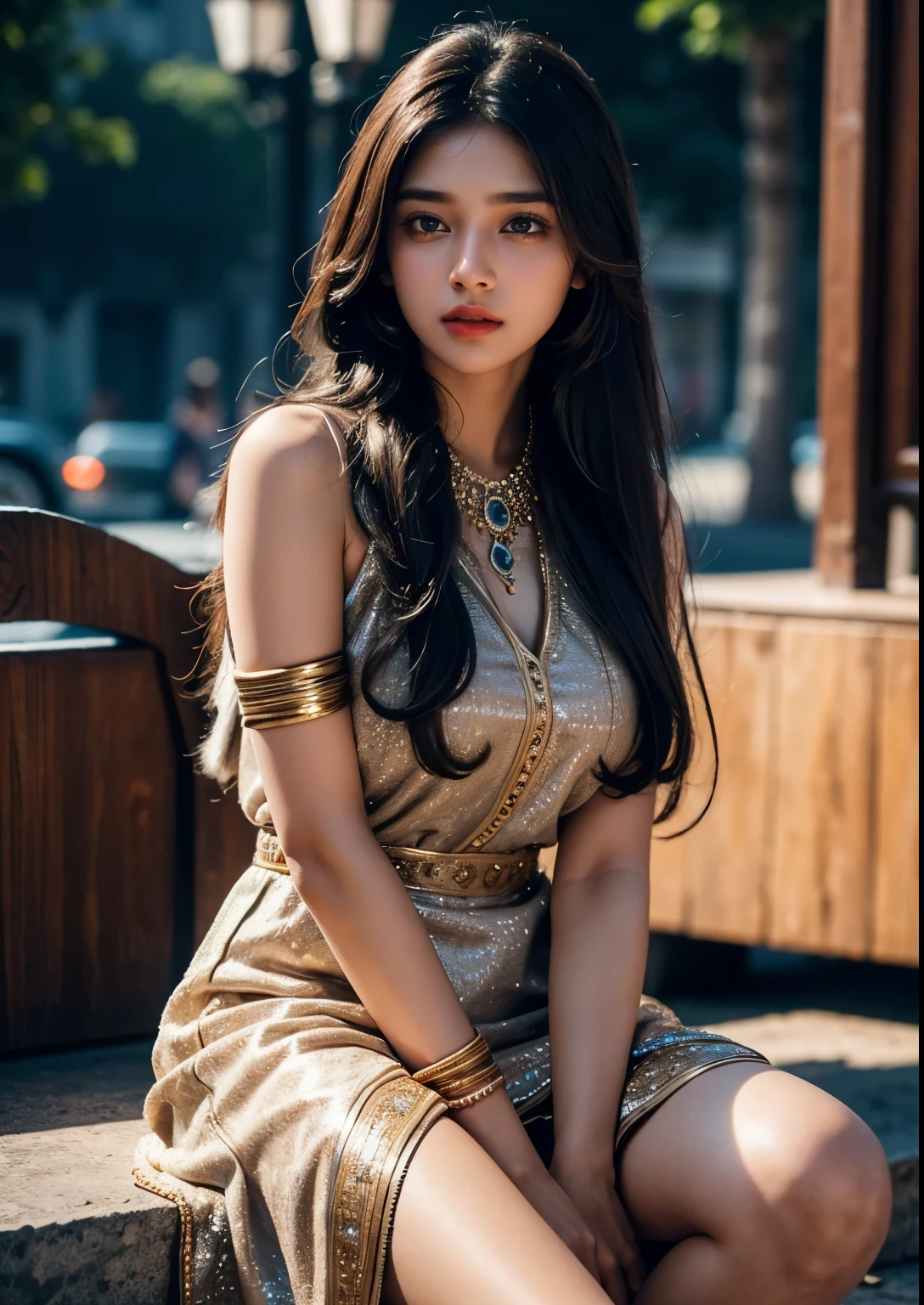 a beautiful indian young girl, detailed face with beautiful eyes and lips, long hair, street fashion style, above knee length dress, photorealistic, masterpiece, 8k, ultra detailed, highly detailed, realistic, cinematic lighting, vibrant colors, warm tones