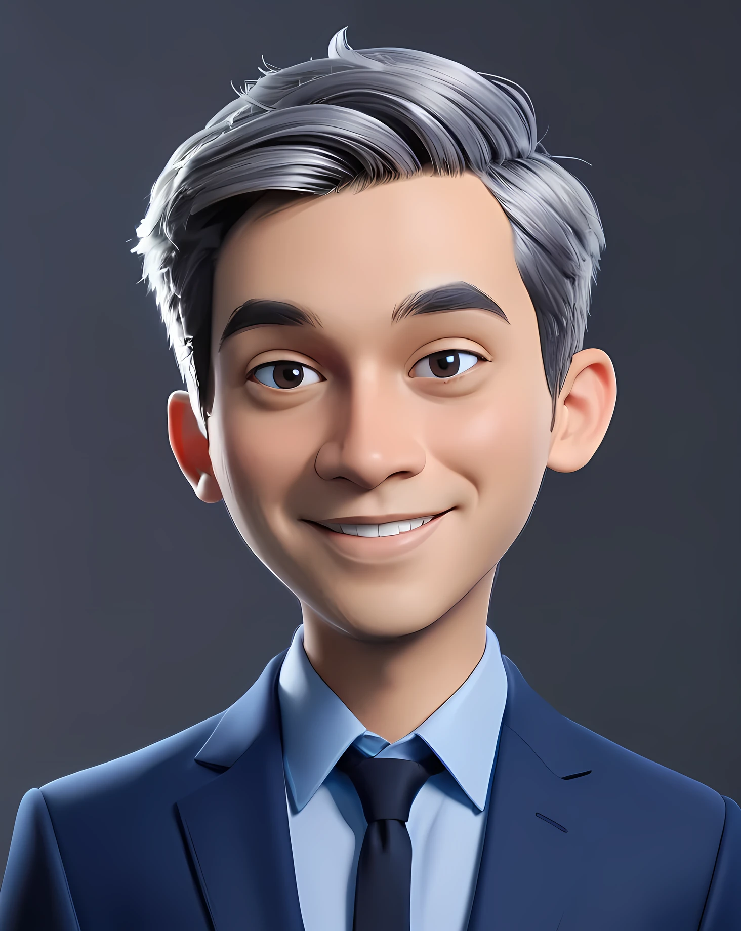 3d cartoon style, 20 years old man, short gray hair, little hair, in a dark blue suit and light blue shirt, no tie, smiling at the camera, foto perfil, commercial shot., face is brightly lit