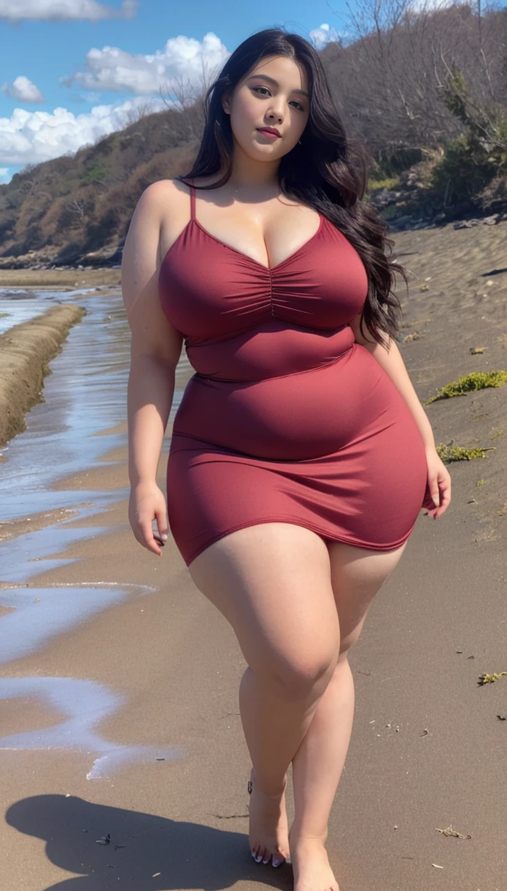 ((best quality)), ((masterpiece)), (detailed), perfect face, araffeTight skirtsShort , thicc, wavy short hair, she has a jiggly fat round belly, bbwchan, wearing tight simple clothes, skinny waist and thick hips, widest hips, her belly is fat and round, soft curvy shape, hyperrealistic full figure, wearing a cute top, wide hips, Blue swimsuit,On the beach by the seaBlue