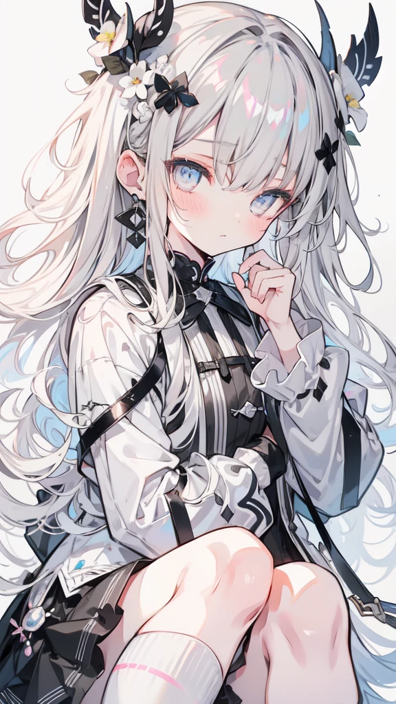 sweets dream, A colorful world, cute, pastel, like, Highest quality, masterpiece,【Highest quality, Tabletop】 (Gray white background:1.7), Han Fei,Grey Hair,White flower hair ornament,White ribbon,Grey Eyes,Tear mole under the eye,Black and white clothes,White translucent socks,Fleeting,Expressionless,dream,White background,whole body,Character portrait