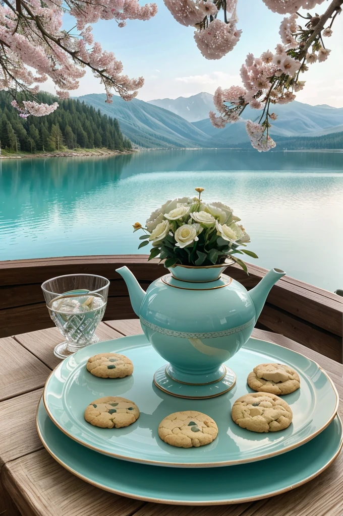 Stunning photography of Outside beside a lake cryestal clear blue water a beautiful table ceramic  teapot cup plate . cookies and a beautiful vase full with beautiful flowers on the table .a branch full of cherry flowers beside the tajle full size
