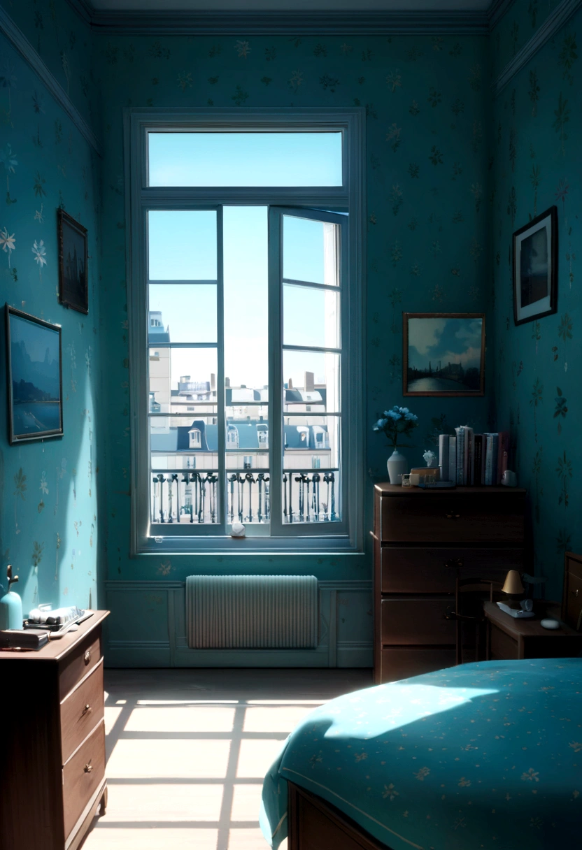 Room with a window Beautiful interior tiffany blue wallpaper bed A ager's room in Paris A view of Paris from the window
