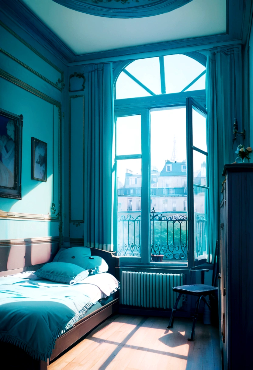 Room with a window Beautiful interior tiffany blue wallpaper bed A ager's room in Paris A view of Paris from the window