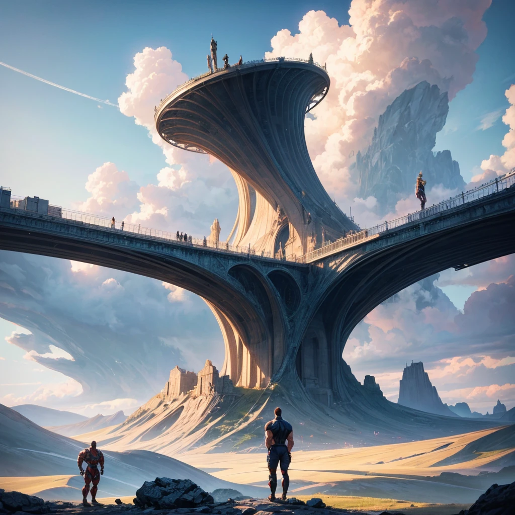 Make the most beautiful image of a futuristic landscape, there's a guy standing, the guy is a bodybuilder, he is in the future, in front of a beautiful landscape, he's not as tall 