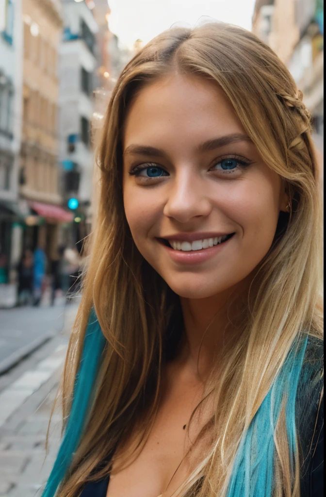 Blonde tanned woman , long hair, blue colored eyes, Grinning , portraite, citys