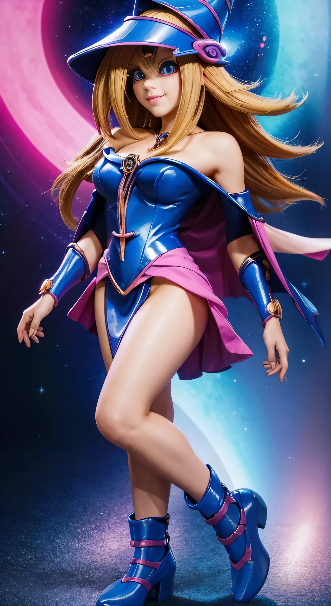 a beautiful dark magician girl in a revealing dress, posing seductively, very detailed facial features, radiating dress, full body view, magical background