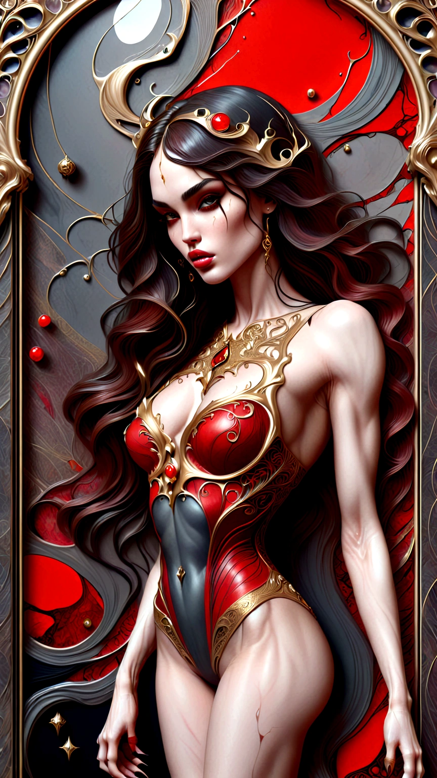 a beautiful illustration of megan fox as a very muscular vampire girl in an abstract marble texture with a tarot style frame, with colors of obsidian black, shiny gold, and ruby red, highly detailed, intricate design, BY Anne Bachelier,