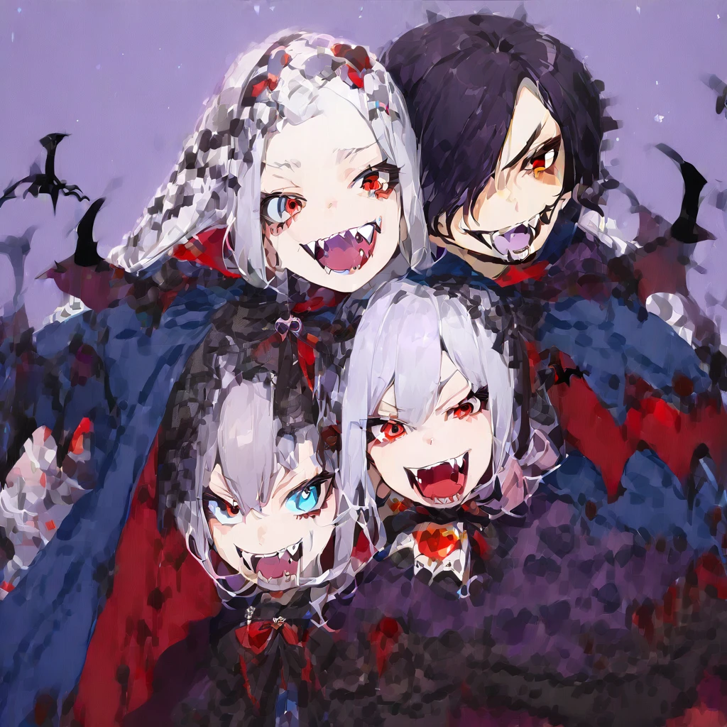 (Cute two girls:1.5),
(masterpiece:1.3), anime visual, (tilt head:1.3), extremely delicate face, realistic lighting and shading, (an extremely delicate and beautiful art:1.3), (muted colors:1.1),BREAK,(one girl with pale-purple wavy blunt hair and red eyes,fangs, one girl is hugging the other girl from behind,Vampire cloak, ta dress:1.5), (other girl with pale-silver hair and blue eyes, Vampire cloak, loliress, looks at viewer:1.5),