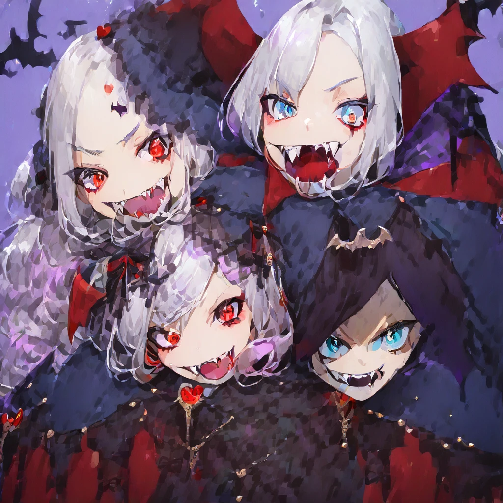 (Cute two girls:1.5),
(masterpiece:1.3), anime visual, (tilt head:1.3), extremely delicate face, realistic lighting and shading, (an extremely delicate and beautiful art:1.3),  (muted colors:1.1),BREAK,(one girl with pale-purple wavy blunt hair and red eyes,fangs, one girl is hugging the other girl from behind,Vampire cloak, lolita dress:1.5), (other girl with pale-silver hair and blue eyes,  Vampire cloak, lolita dress, looks at viewer:1.5),