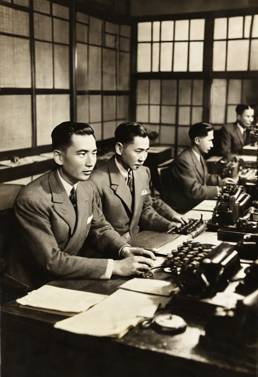 In 1949,China,Shanghai,Radio Station Office,Dim light,(The desk is filled with telegraph machines)。Several employees are working hard,One of the middle-aged men,30 years old,Wearing an old-style Zhongshan suit,The expression is firm,We are discussing with employees how to respond to the government's orders,((They were surrounded by radio equipment.)),In the background you can see some circuit diagrams on the wall。high detail, cinematic lighting, film grain, god rays, anatomically correct, high quality
