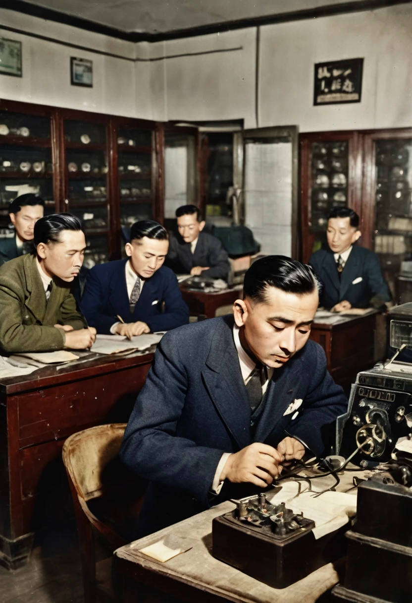 In 1949，China，Shanghai，Radio Station Office，Dim light，（The desk is filled with telegraph machines）。Several employees are working hard，One of the middle-aged men，30 years old，Wearing an old-style Zhongshan suit，The expression is firm，We are discussing with employees how to respond to the government&#39;s orders，（（They were surrounded by radio equipment.）），In the background you can see some circuit diagrams on the wall。high detail, cinematic lighting, film grain, god rays, anatomically correct, high quality